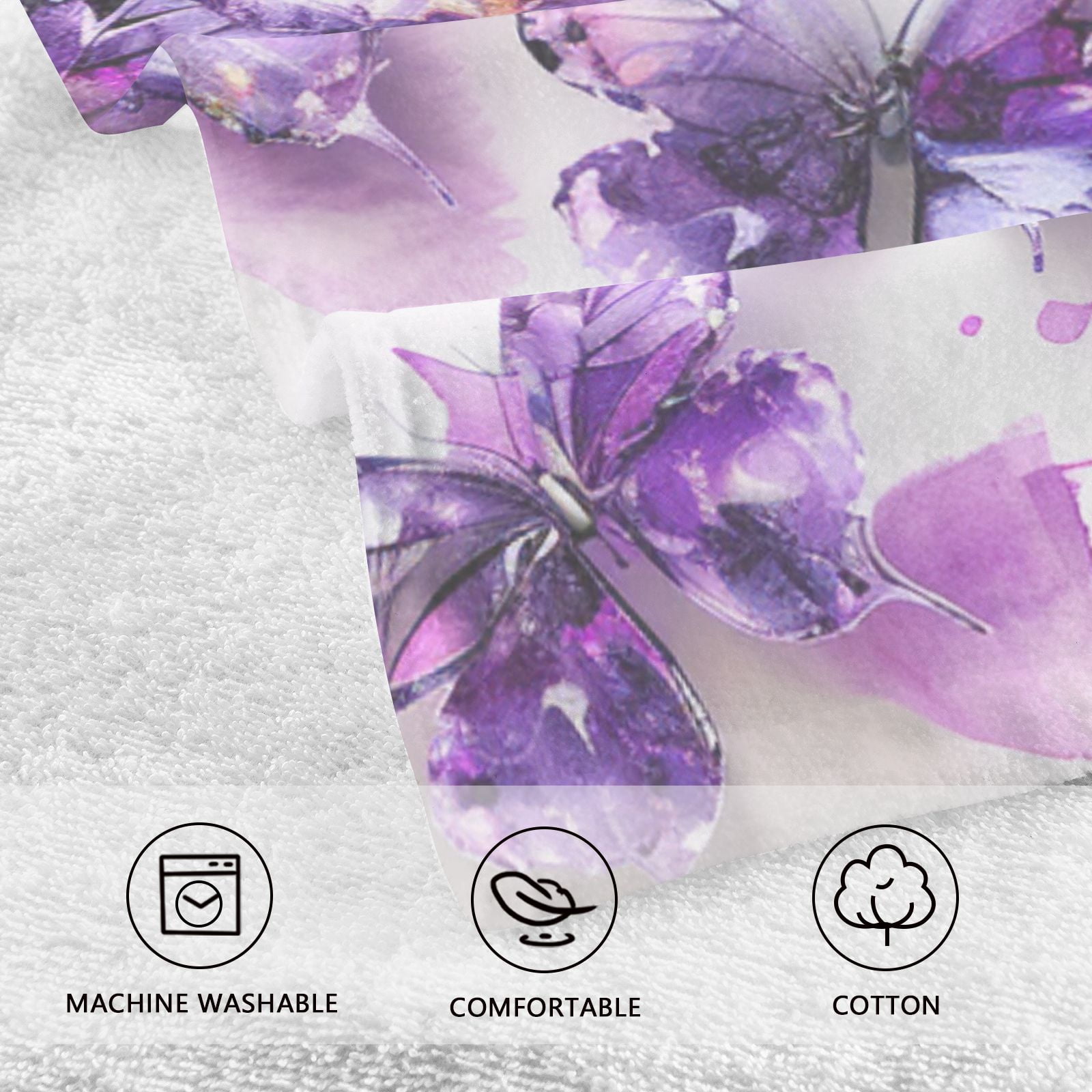 Purple Butterflies Watercolor Hand Towel Bath Towels Face Towels Cotton Absorbent for Home Hotel Spa Swimming Yoga Sports Decorative Towel Set of 2