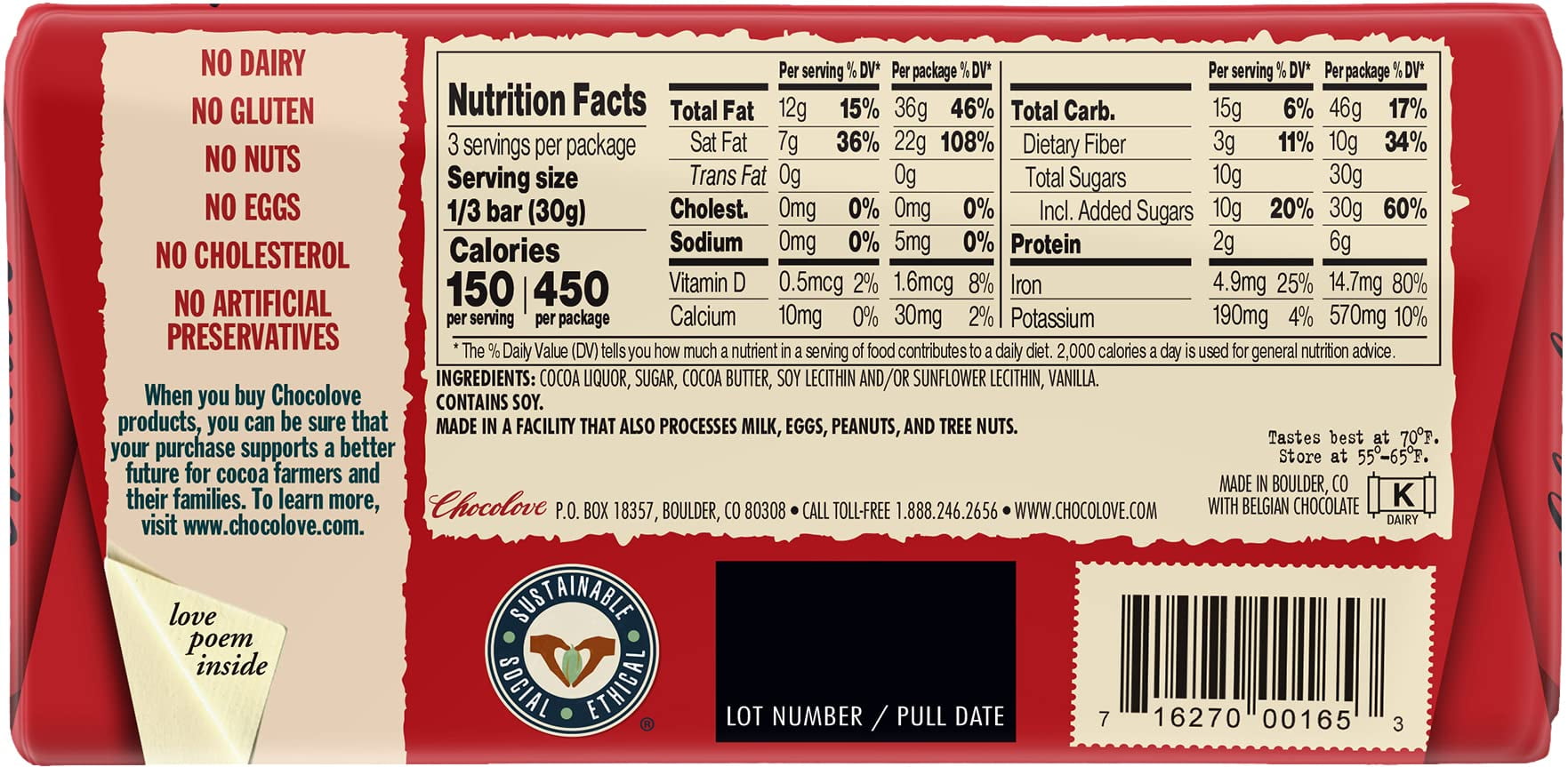 Chocolove Chocolate Bar, 65% Rich Dark, 3.2 Ounce (Pack of 12)