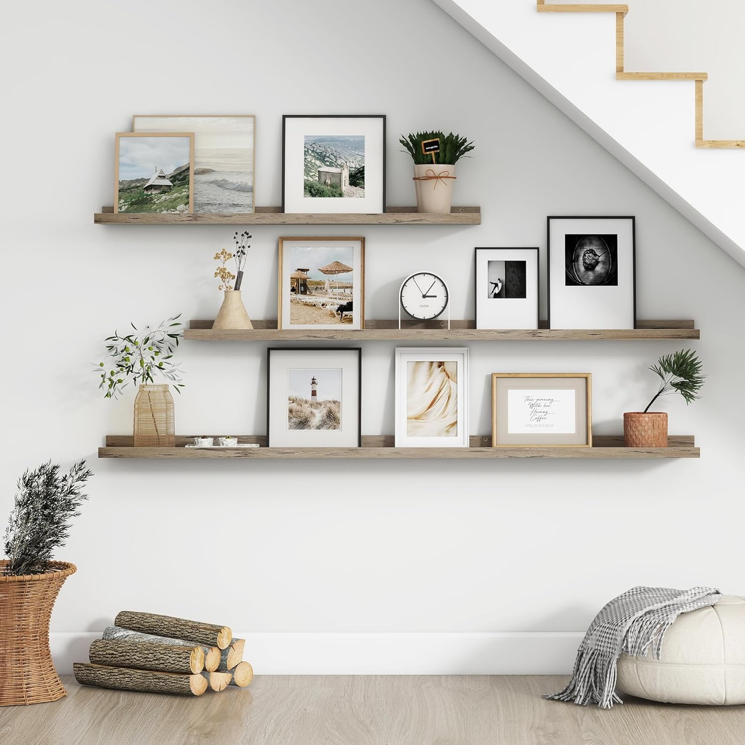 Floating Picture Ledge Shelves for Wall Set of 4, 24 Inch Solid Wood Wall Shelves with Lip Long Large Nursery Book Shelf for Toys Storage Kids Bookshelf Wall Mounted Living Room Bedroom Decor Frames