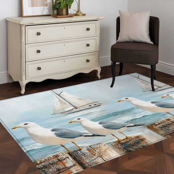 3'x5' Area Rugs, Coastal Seagull Indoor Outdoor Area Rug for Living Room Bedroom, Summer Beach Vintage Nautical Sailboat Washable Bathroom Rugs Kitchen Floor Carpet Mats Home Decor Aesthetic