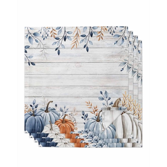 Blue Thanksgiving Fall Cloth Napkins Set of 4 Reusable Dinner Napkins, Blue Pumpkin Eucalyptus Wood Grain Cocktail Napkin Washable Table Napkins for Wedding/Holiday Party/Baby Shower 20"x20"