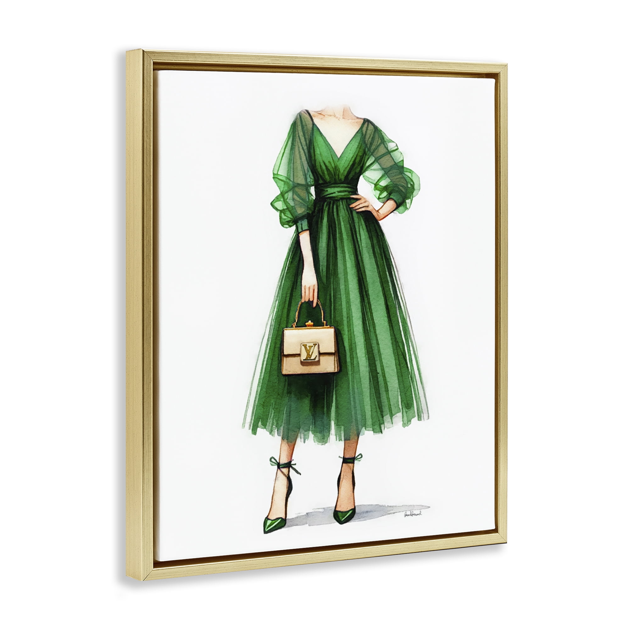 Stupell Industries Green Gown Fashion Girl Fashion Painting Gold Floater Framed Canvas Art Print Wall Art, 17 x 21