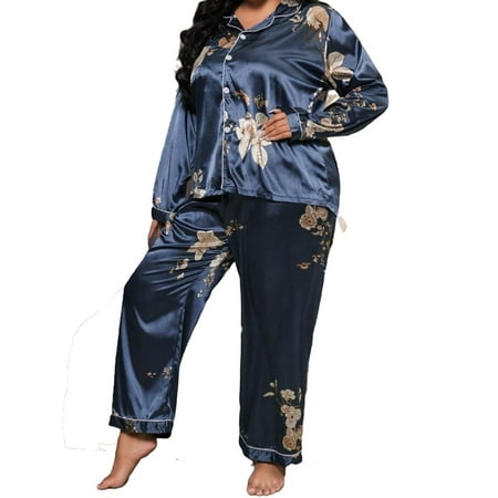 

Elegant Floral Print Lapel Pant Sets Long Sleeve Navy Blue Plus Size Pajama Sets (Women s)