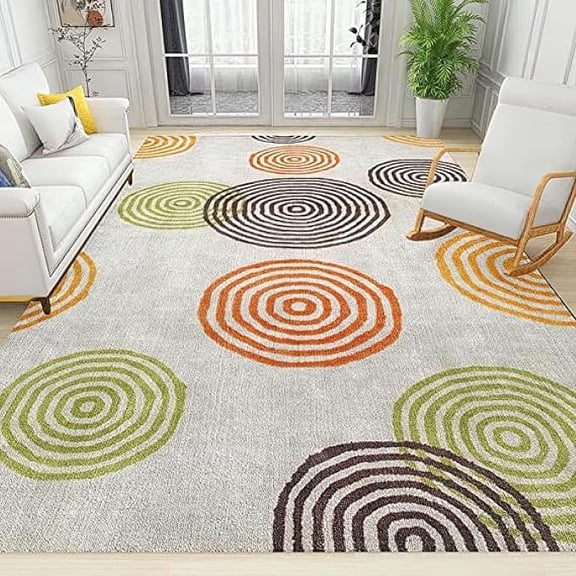 Colorful Round Lines Area Rug, European Retro Irregular Round Pattern Non Slip Print Rugs, Machine Washable Carpet for Indoor Living Room Bedroom Office Decor Mat 5 x 8ft