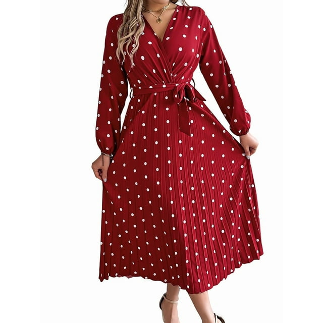 Vestido Plisado de Larga con Cuello en V y Lunares para Mujer, Informal, Holgado y con Cinturón Vino Tinto M