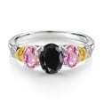 thumbnail image 2 of Gem Stone King 925 Sterling Silver and 10K Yellow Gold Oval Black Sapphire Pink Sapphire and White Diamond 3 Stone Ring for Women (2.89 Cttw, Gemstone September Birthstone, Size 5), 2 of 3