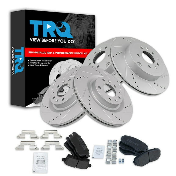 TRQ Front and Rear Performance Brake Pad & Rotor Kit Brake Pads Brake Rotors Set Semi-Metallic Premium G-Coated Fits Select 2007-2015 Mazda CX-9