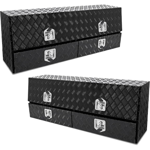 Aluminum Truck Side Mount Tool Box 2 Pack, Heavy-Duty Contractor Top-sider Tool Box with Two Lower Drawers and Locking Door, Weather-Resistant Design, Black