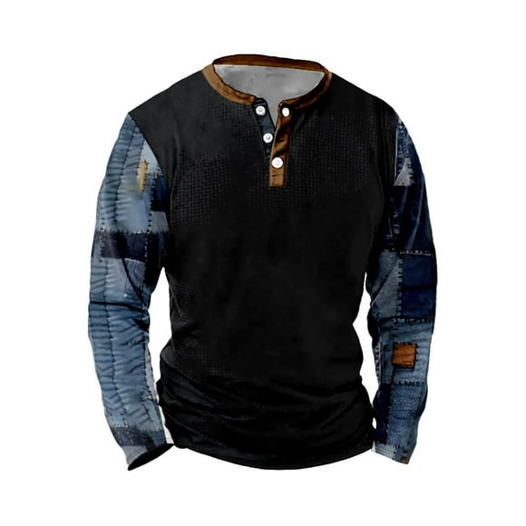 FhsagQ Men's Shirts Men Shirts Cotton Medium Super Fit Men'S Digital Print Vintage Fashion Button down Long Sleeve T Shirt Men Shirts Cotton Tops Shirts for Men Tops Black Black XXXL
