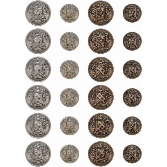 24Pcs 2 Sizes 4-Hole Brass Buttons Half Round with Badge Blazer Buttons Sewing Crafting Buttons with 1.8-2x2.5mm Hole for Men Women Sweaters Blazer and Jacket Overcoat Bronze and Gunmetal 1set
