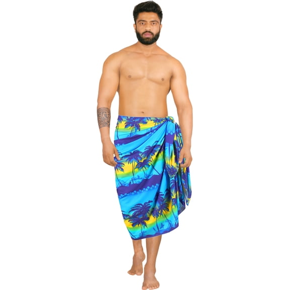 HAPPY BAY Men's Pareo Swim Trunk Vacation Sarong Beach Wrap One Size Blue-E622 Summer Vacation Aloha