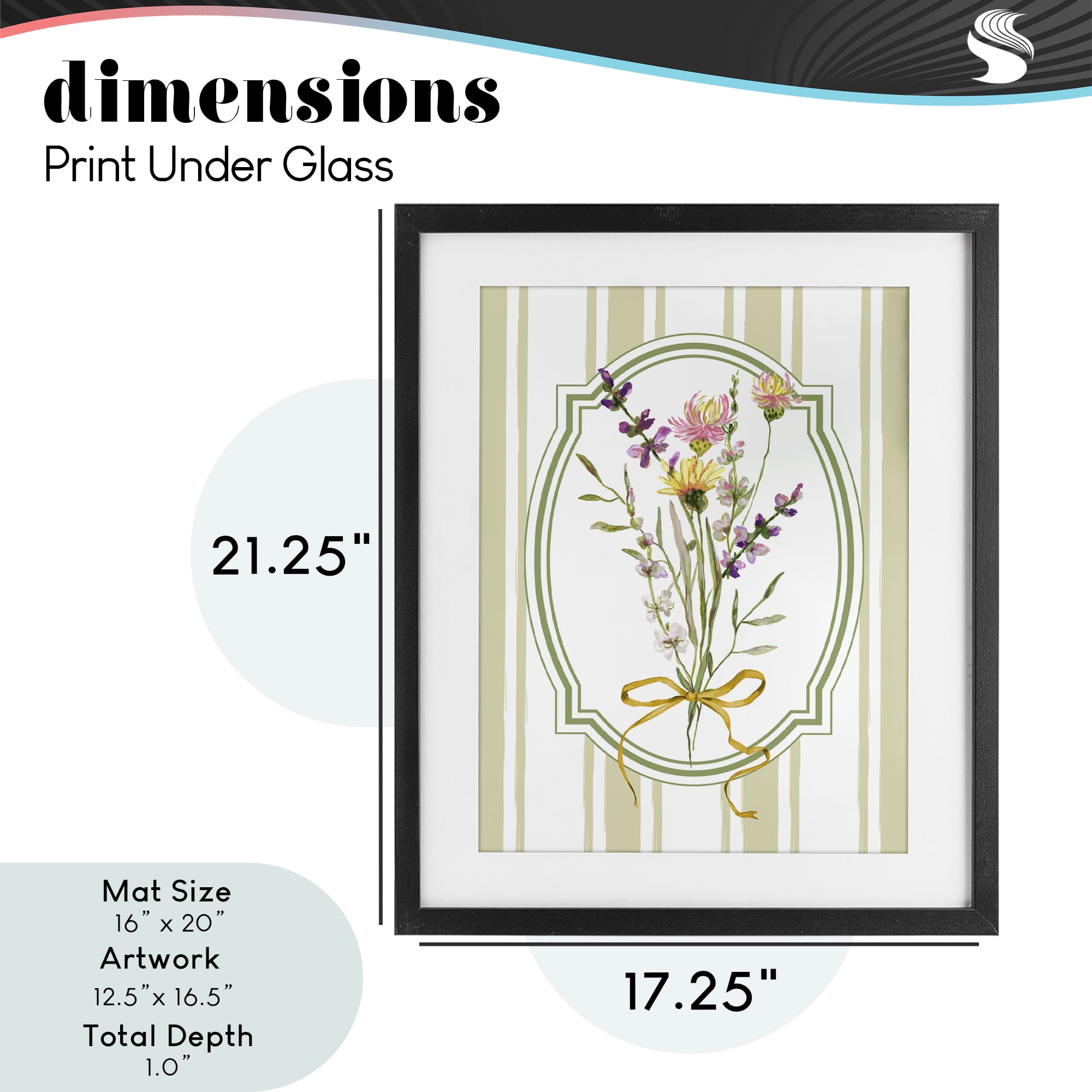 Wildflowers Bouquet Classic Stripes Black Framed Print Under Glass, design by Adonna Ebrahimi