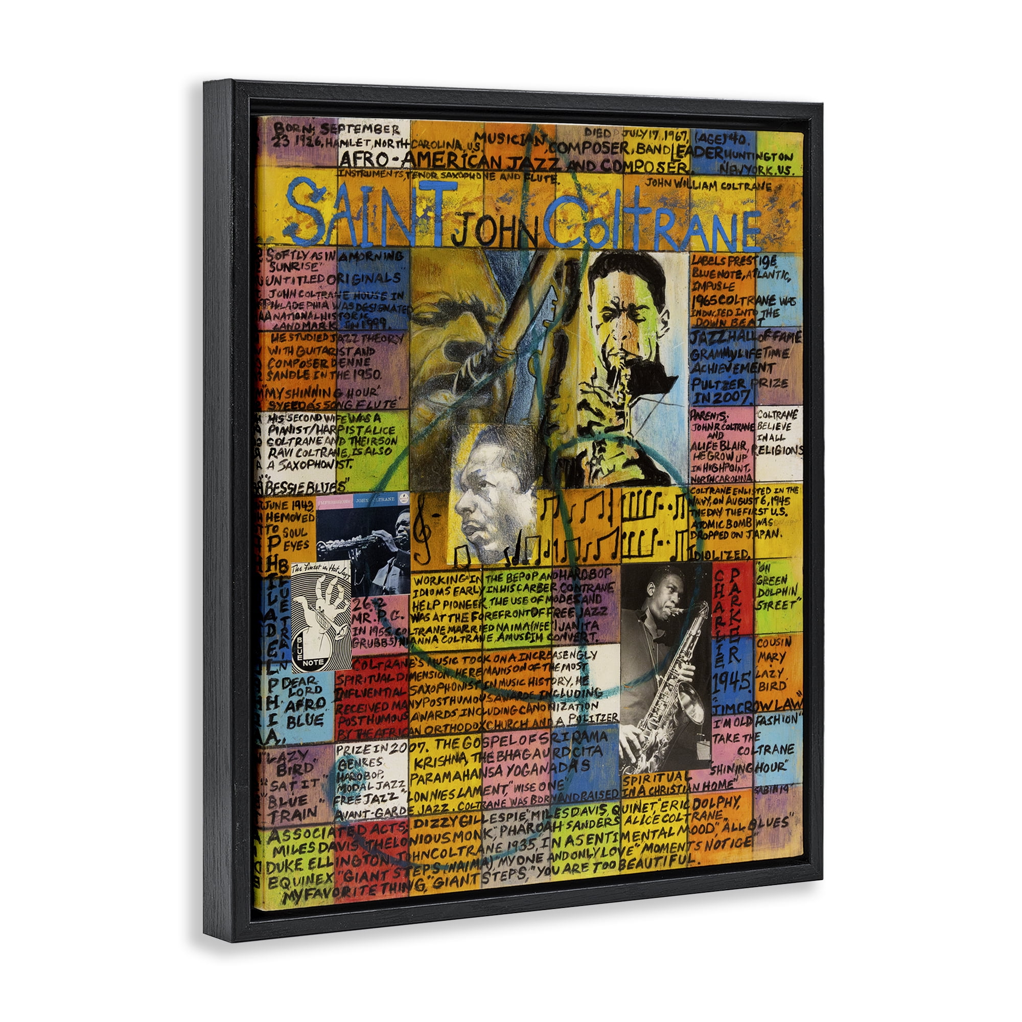 Stupell Industries Saint John Coltrane Collage People Drawing Black Floater Framed Canvas Art Print Wall Art, 17 x 21