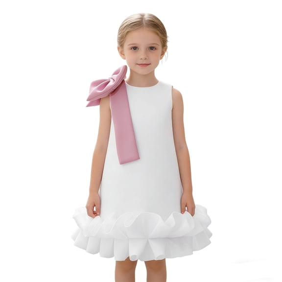 Xijirk Girls Dresses,Girls Party Dress With 3D Bow Layered Skirt Ruffled Lace Trim Girl Pageant Formal Gown,Dresses for Girls,White,7-8 Years