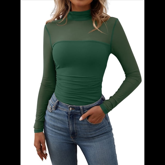 Blusa Sexy de Larga con Cuello Alto para Mujer, de Transparente y Fruncida, Ideal para Salir. Verde M