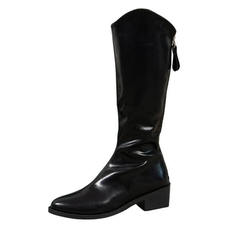 

Entyinea Womens Fall Boots Pointed Toe Mid Heel Side Zipper Knee High Boots Tall Booties Black 42