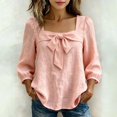 thumbnail image 2 of Linen Tops for Women Bow Tie Front Neck 3/4 Puff Sleeve Casual Blouse Loose Fit Soft Summer Daily Tops by Yigetop Pink S, 2 of 6