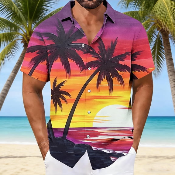 Ceisia Men's Purple-orange Gradient Coconut Shadow Sunset Print Short Sleeve Button Down Hawaiian Shirt With Chest Pocket Multicolor XXXXXL Gifts