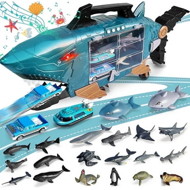 Shark Toys with led, Music Ocean Animals Toys, Shark Truck Toys with 2pcs Toy Trucks, 2pcs Shark Cars,18pcs sea Animal Toys for 3  Year Old Kids