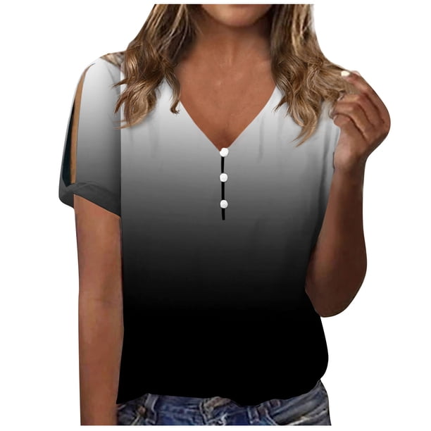 Gibobby Casual Playera de Manga Corta para Mujer Camiseta manga corta con cuello en V y manga corta hueca informal verano para mujer, Top con estampado degradado(Negro,CH)