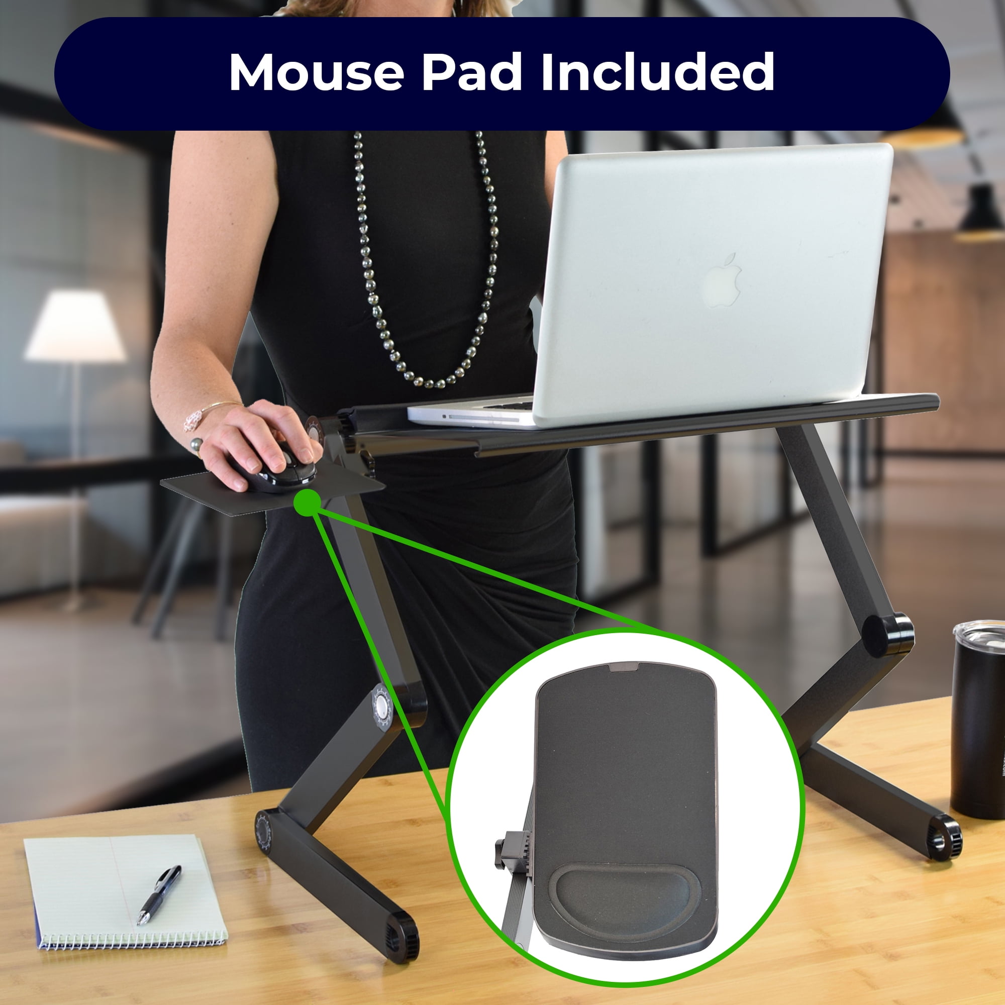 WorkEZ Cool Adjustable Laptop Cooling Stand with Dual Fans, 3 USB Ports & Mouse Pad – Portable Aluminum Laptop Desk for Bed, Couch, or Standing Workstation (Black)