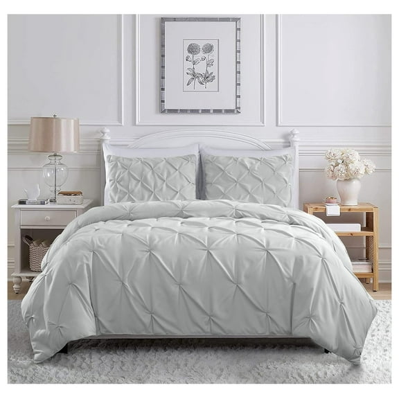 YOSITiuu Berlin Light Gray Pinch Pleat Full Comforter Set 3-Piece (1 Comforter and 2 Pillow Shams) Soft Pintuck Lightweight All Season Microfiber Comforter Bedding Set
