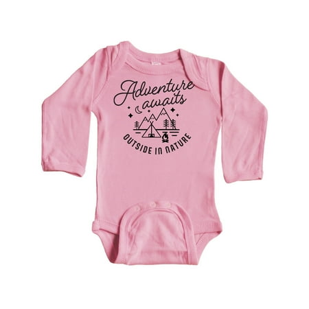 

Inktastic Adventure Awaits Outside in Nature with Tent and Mountains Gift Baby Boy or Baby Girl Long Sleeve Bodysuit