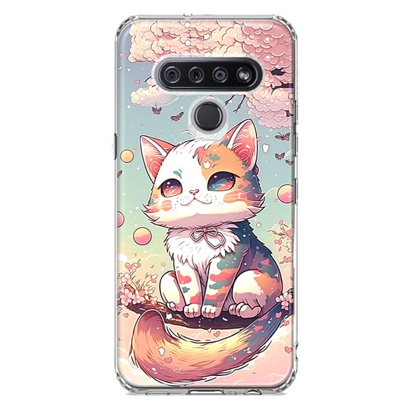 MUNDAZE LG K51 Shockproof Clear Hybrid Protective Phone Case Kawaii Manga Pink Cherry Blossom Cute Cat Cover