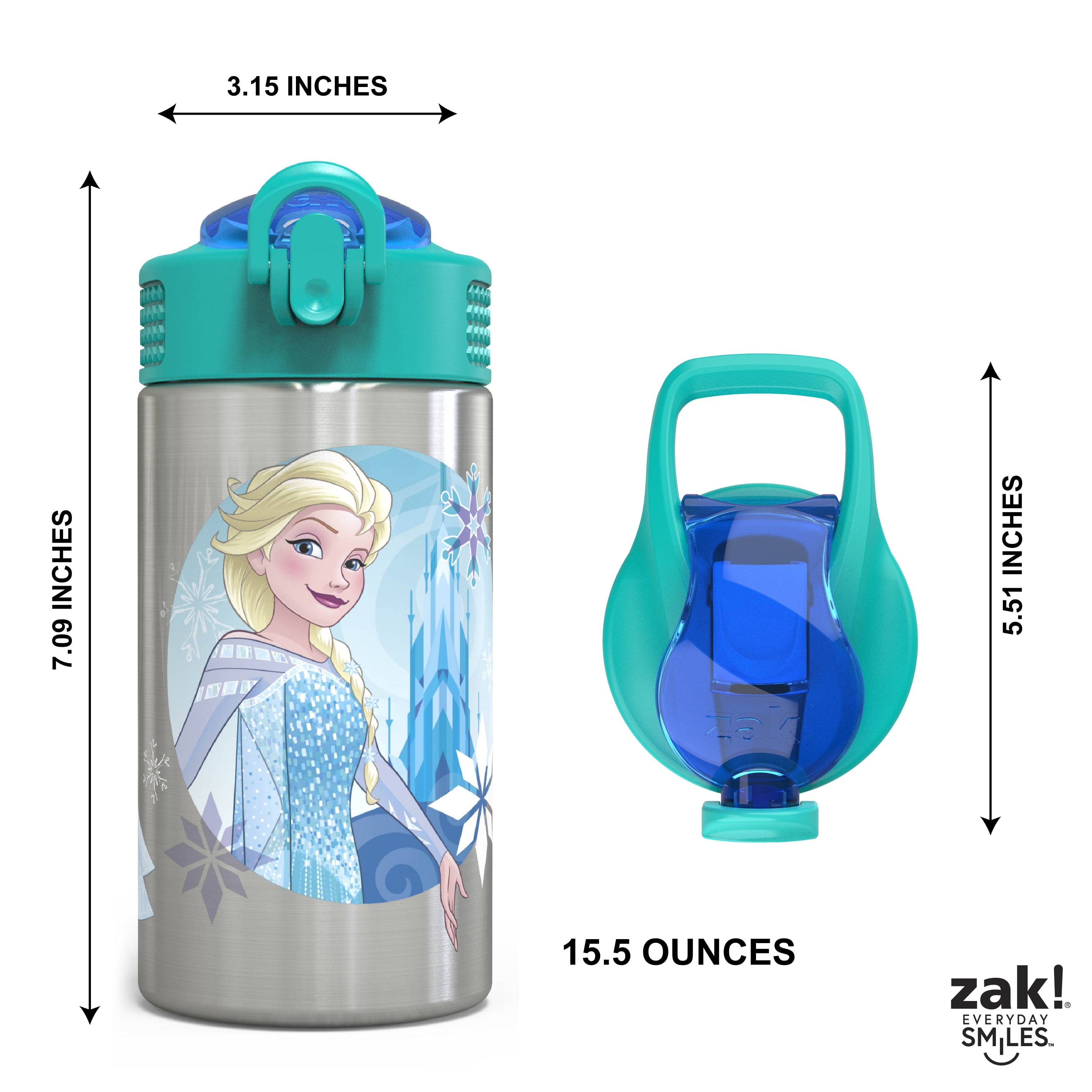 Zak Designs 15.5 oz Disney's Frozen Kids Water Bottle Stainless Steel with Push-Button Spout and Locking Cover, Elsa & Olaf
