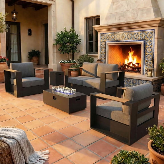 LayinSun 4 Pieces Aluminum Patio Furniture Set with Fire Pit Table, Oversized Outdoor Conversation Set 4 Seats with 6" Thick Cushions for Outside Porch, Balcony, Deck
