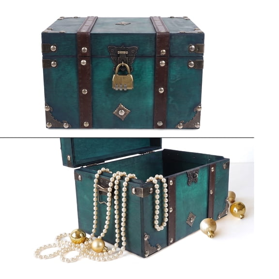 Renyuanyuan Vintage Treasure Chest, Wooden, with Lock, Decorative, 9.83 x 6.68 x 6.09 in, for Storage