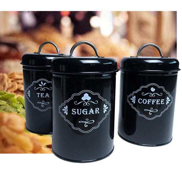 3 de Almacenamiento con Tapa, Estuche para Botellas de Almacenamiento, Recipiente para Té de Azúcar, Frascos de , para Organizador de Oficin Negro BLESIY Latas de almacenamiento de azúcar de café