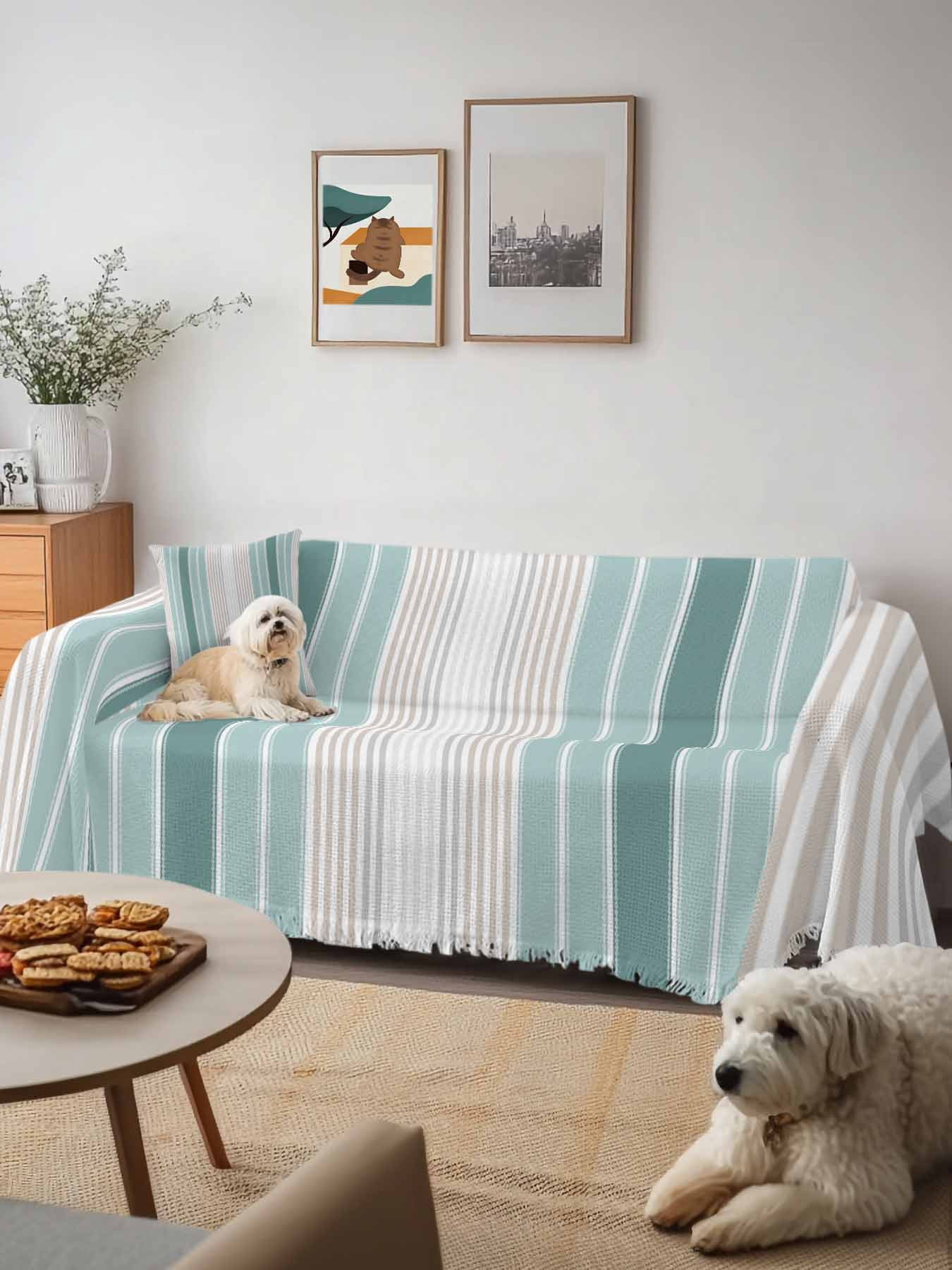 Teal Aqua Stripes Couch Cover, Minimalist Abstract Vertical Lines Oversized Sofa Cover Blanket for 3 Cushion Couch,Sectional Sofa Slipcover Furniture Protector for Living Room Bedroom 71''x150''