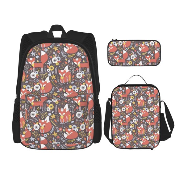 Lsque Foxes Pattern School Bag Set -Backpack with Pencil Case and Lunch Bag,3-in-1 School Bag,Kids Backpack Set for Boys and Girls
