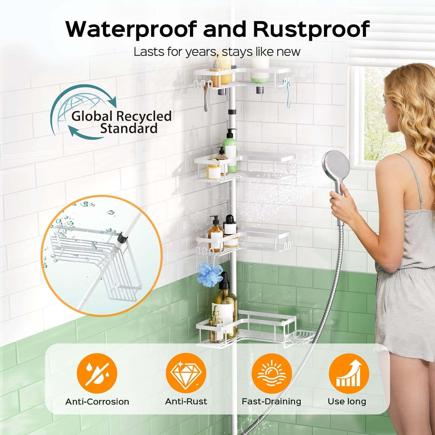 Shower Caddy Tension Pole: 4-Tier Corner Rustproof Bathroom Organizer with Soap Holder & Hooks - No-Drill Adjustable Shower Shelf for Renters - Family Stand Storage Rack - 47-123 Inch