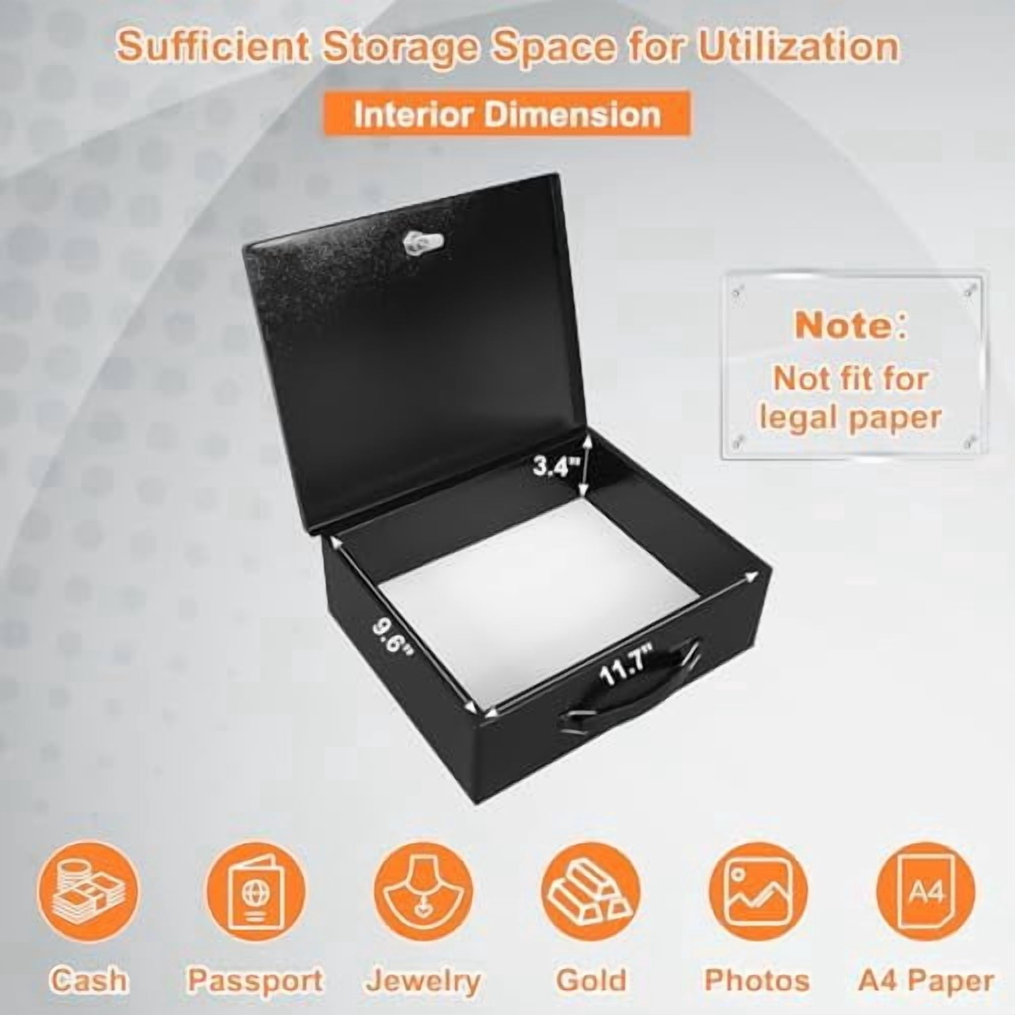 Fireproof Document Box with Key Lock, Large Safe Storage Box for Valuables, Fire Resistance Security Chest, Lock Box for Passport, Cash, Tablet 12.9'' x 10.7'' x 4.2'' Black