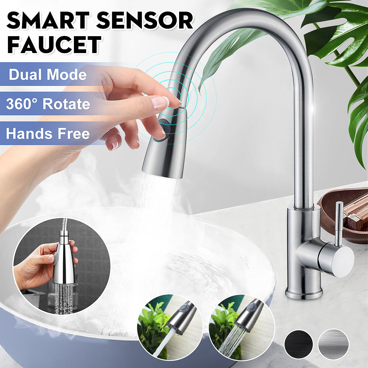 Hand Touch Sensor Kitchen Sink Faucet Pull Out Sprayer Swivel Mixer Tap Chrome