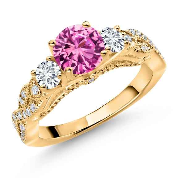 Gem Stone King 18K Yellow Gold Plated Silver Pink Created Sapphire White Lab Grown Diamond and White Moissanite Engagement Ring for Women (1.47 Ct, Gemstone September Birthstone, Round 6MM, Size 6)
