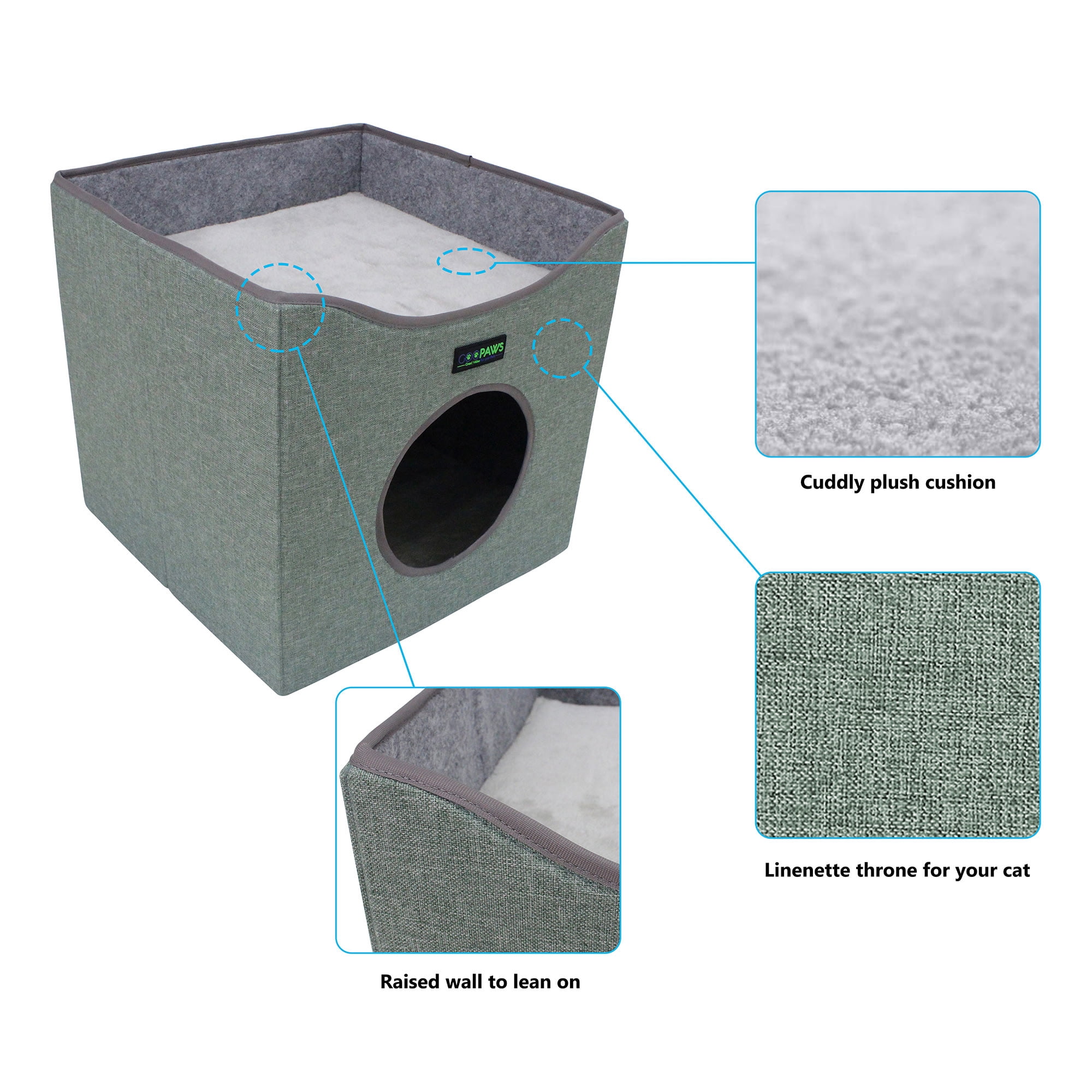 JESPET & GOOPAWS: Foldable Cat Condo - Sage Green - Cube House, Sleeper Bed Cave, Top Lying Surface, 2 Reversible Cushions, Hiding Place, 15.5 x 15"