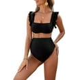 thumbnail image 4 of Deago Maternity High Waist Bikini Set Swimsuit Two Piece Ruffle Sleeve Cute Bathing Suit Ruched Pregnancy Swimwear (Black, L), 4 of 10