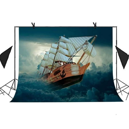 Image of GreenDecor 7x5ft Sailing Voyage Backdrop Wooden Sailboat Breaks Through The Dark Clouds Background Party Studio Props Kiosk Business Using Background