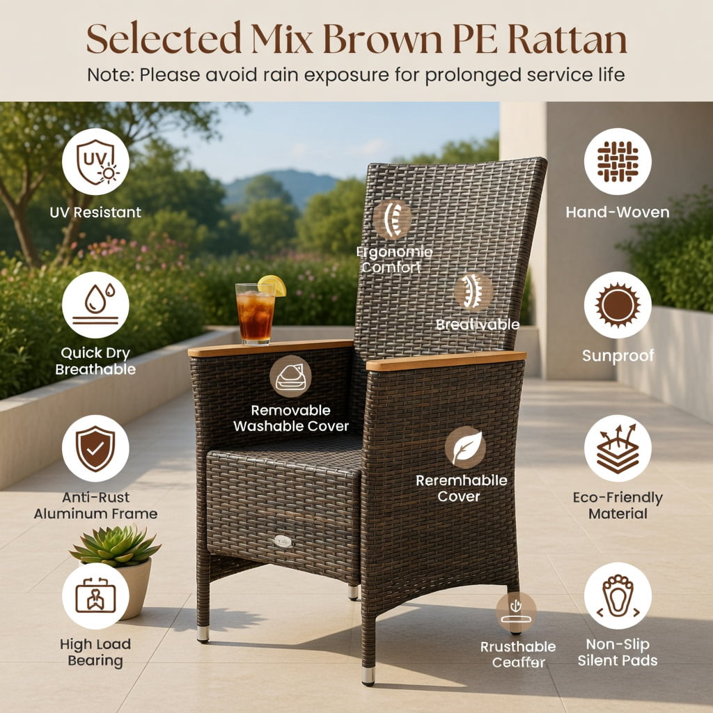 Hommoo 2-Piece Outdoor Wicker Dining Chair Set, High-Back PE Rattan Patio Chairs with Cushions, Acacia Wood Armrests & Heavy-Duty Metal Frame for Backyard, Porch or Poolside, Natural