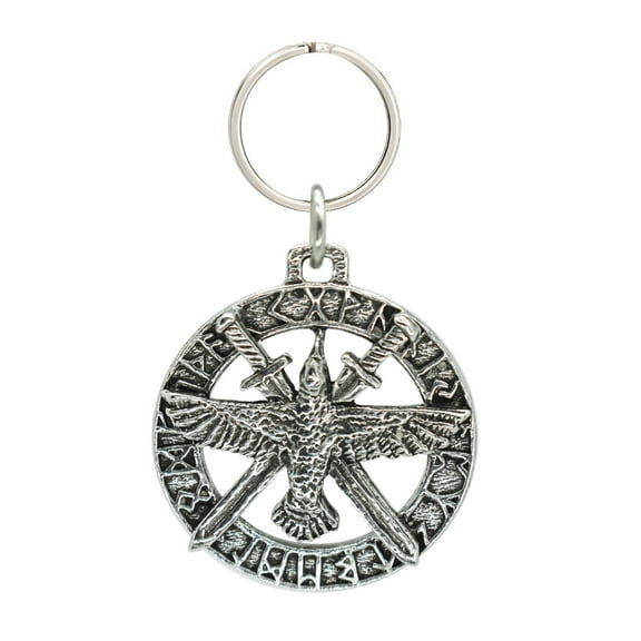 Raven W/Swords In Runes Keychain, G018KC, 1 3/4 inch, Pewter, Key Fob, Key Ring, Keys, Zipper Pull, Luggage Tag, Backpack, Over 300 Keychain Designs, Handmade in the USA, 100% American Made