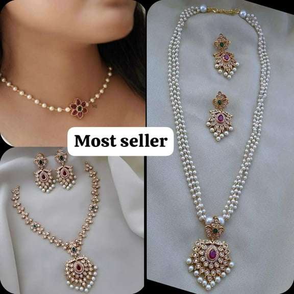 Most Seller South Indian Bollywood Gold Plated AD CZ Multicolor Stone & Swarovski Pearl Chain Haram Necklace 3 Combo Set with Matching Drop Earrings