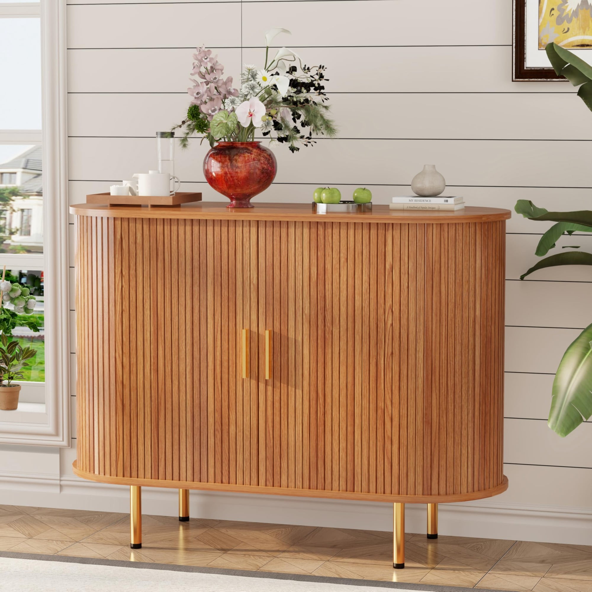 Mid Century Modern Sideboard Buffet Cabinet, 39 Inch Fluted Coffee Bar Console with Tambour Sliding Doors, Yellow