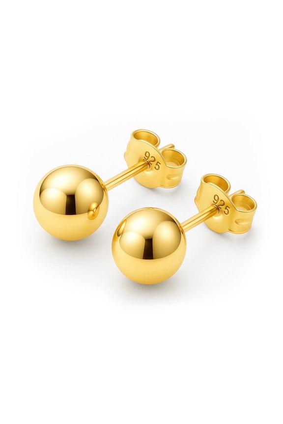 14K Gold Plated Polished Sterling Silver Round 7mm Ball Bead Stud Earrings