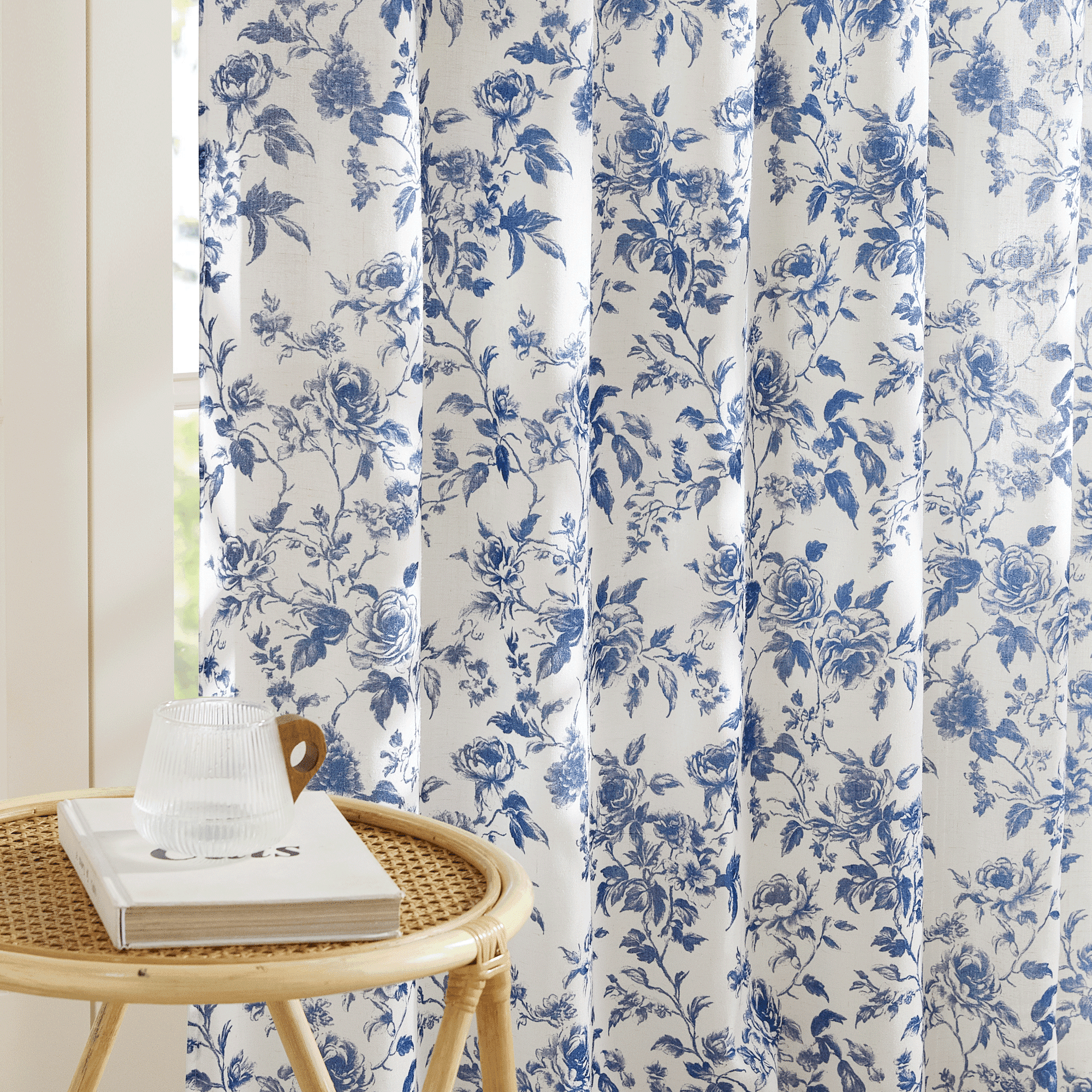 NICETOWN Floral Curtains for Living Room, Semi Sheer Linen Curtains Light Filtering Farmhouse Back Tab Window Drapes, Blue, 52"x84", 2 Panels