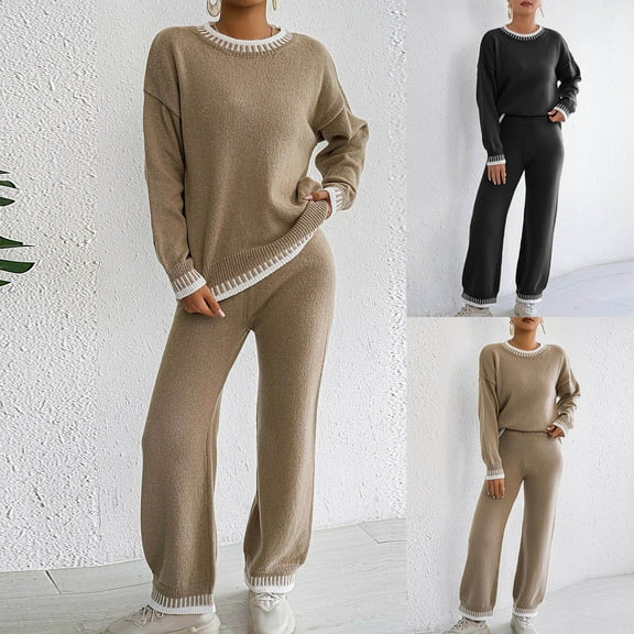 Brondbend Knit Sweater Set Women Lounge Sets for Women Crew Neck Long Sleeve Multicolour Tops Elastic Waist Pants Casual Suits Oversized Fall Winter Home Warm Comfy Clothes,Black
