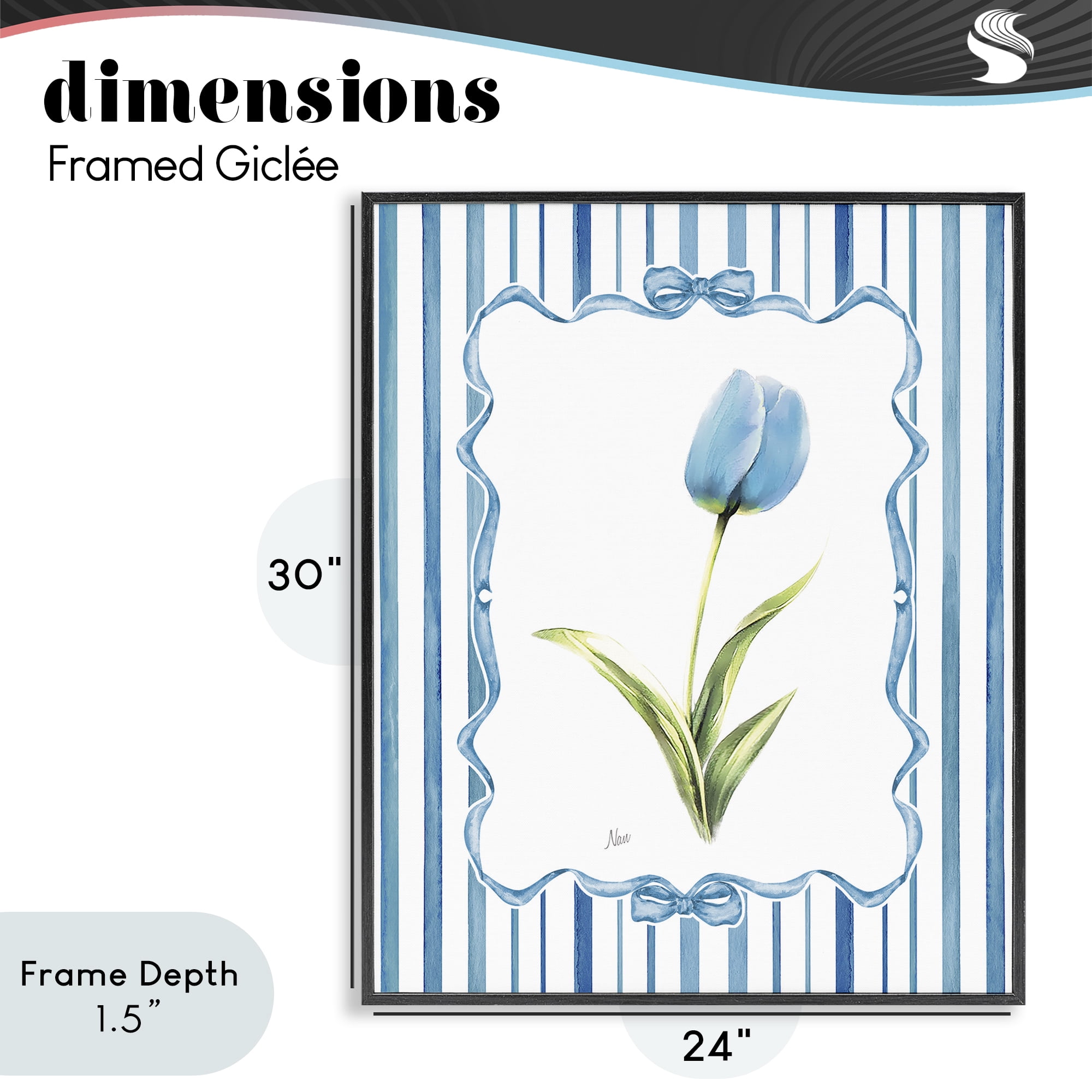 Stupell Industries Blue Tulip & Ribbon Border Black Framed Giclee Art, design by Nan