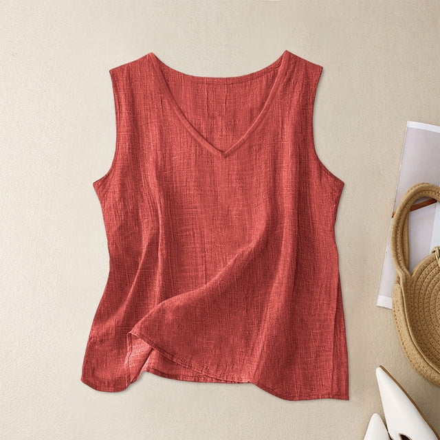 Craaazy Débardeur Femme Uni Effet Lin Col Rond Sans Manches Fente Latérale Blouse Décontractée pour l'Été Cadeaux